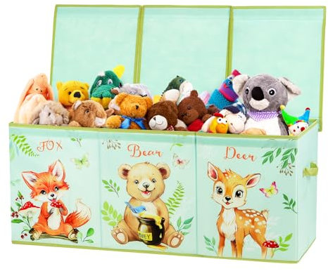 Extra Groß Aufbewahrungsbox mit Deckel Kinder, Zusammenklappbare Oxford-Spielzeugkiste mit Griff für Mädchen Jungen, Wasserdichte Spielzeug Aufbewahrung im Kinderzimmer, 96×32×40 cm (Dschungel-Tiere)