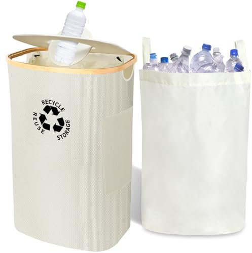 JUNEBRUSHS Pfandflaschen Sammelbehälter mit Deckel, 100 L Pfandflaschen Behälter Recyclingbehälter Pfandflaschen Aufbewahrung für Lagerung Küche Abstellraum Großes Fassungsvermögen (Beige)