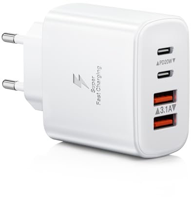 Chargeur USB C, 40 W 4 Ports Prise USB C, Double Port PD+QC Chargeur Rapide iphone, Multiple Type C Adaptateur Secteur pour iPhone 16/15/14/13/12/11/Pro Max/téléphone/Samsung/iPad/Tablett