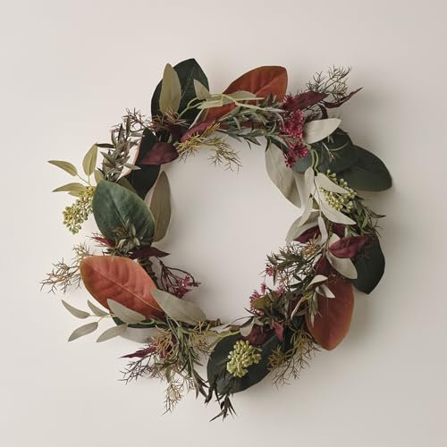 Lights4fun 40cm Artificial Autumn Winter Wreath with Faux Eucalyptus Leaves Front Door Decoration Indoor & Outdoor Use
