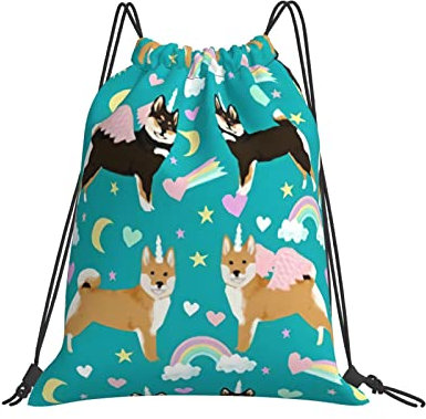 Gymsack Shiba Inu Hund Einhorn Regenbogen Turnbeutel Wasserdicht Tunnelzug Gymsack Sports Sportbeutel Für Schule Reisen Strand 36x42cm