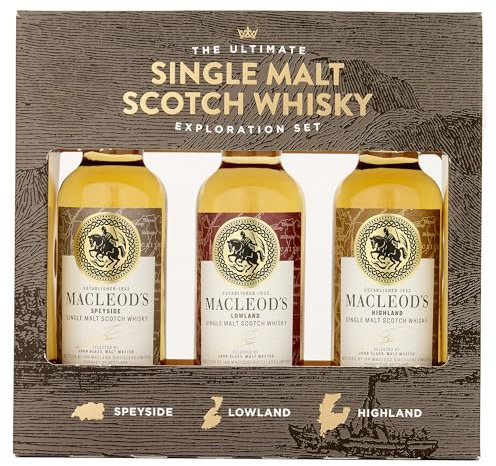 The Ultimate Single Malt Scotch Whisky Exploration gift set, including 3 x 5cl bottles of Macleod’s Scotch. Perfect for Christmas and Birthdays. Premium Packaging. By Blue Tree Gifts.