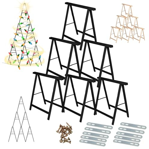 MODO24 Holzbock Sägebock 6er-Set DIY Tannenbaum 215x130x73 cm Schwarz | Arbeitsbock & Klappbock Set mit Montageteilen. Tapezierbock, Montagebock & Unterstellbock für DIY Weihnachtsbaum Deko