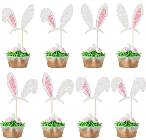 24 Stück Hasenohren Cupcake Topper, Hasenohren Tortendeko Ostern, Glitzer Ostern Kuchen Deko, Muffin Deko, für Ostern Kaninchen Thema Baby Dusche Kinder Geburtstag Party (A)