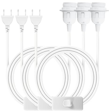 Vmxlso 3 Stück Lampenfassung e27 mit Kabel, Lampenfassung mit Schalter und Stecker, e27 Fassung mit 3m Kabel, Glühbirnenfassung mit Kabel für Deckenlampe, Pendelleuchte uvm Weiß