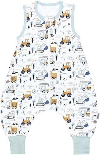 TupTam Sommerschlafsack Baby mit Füßen – Leichter Schlafsack Baby Sommer 0.5 TOG, OEKO-TEX, Farbe: Baustelle Bagger Traktor Raupe Light Petrol Gelb, Größe: 116-122