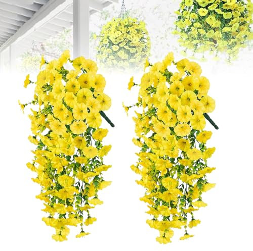 laocaf Morning Glory Hängepflanze Künstlich, 2025 Neue Realistische Efeu Künstlich, Hänge Dekopflanzen, Wasserfest und Sonnenfest, für Wohnzimmer, Balkon, Garten (2, Gelb)