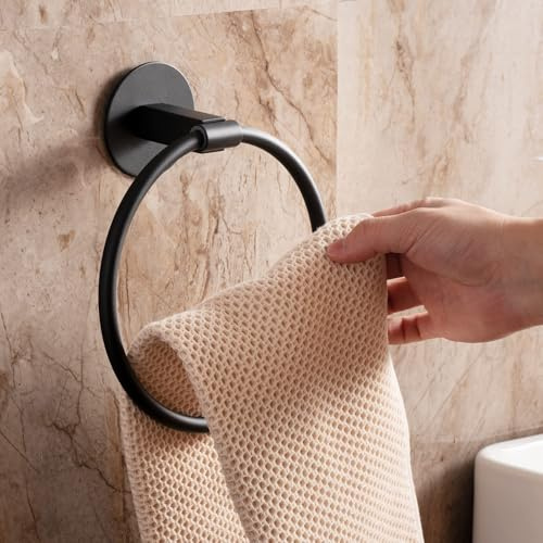 JS Towel Holder Ring Black Self Adhesive Towel Rails Wall Mounted Stainless Steel Shower Bathtub Robe Bath Towel Hanger Rack,No Drilling