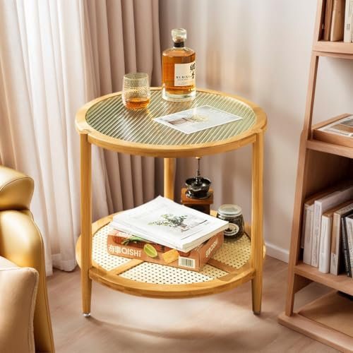 Moderner Runder Beistelltisch——2 Ebenen Glas Seitentisch Mit Lagerregal, Kleiner Couchtisch Für Wohnzimmer Und Schlafzimmer,Nachttisch,Bambus Sofa Kleiner Tisch (19,68 höhe)
