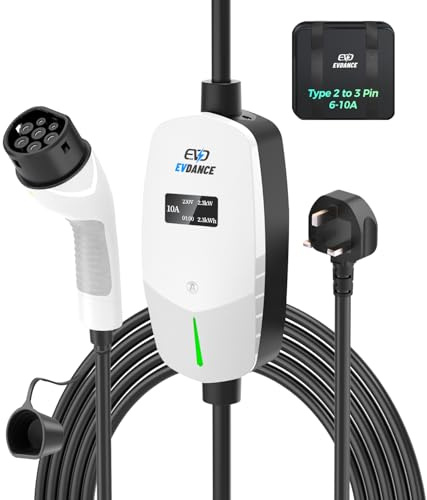 EVDANCE EV Charging Cable for Electric and Hybrid Vehicles | 6 Metres, 10A Max, IP66, 3 Pin UK Plug to Type 2 Car Charger, Suitable for Home & Travel, White