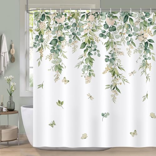 COZZSNUGE Cortina de Ducha Hojas Verde, Cortina de Baño Flor Hoja Libélula Mariposa Eucalipto 183 x 183 cm Poliéster Impermeable Resistente al Moho con 12 Ganchos