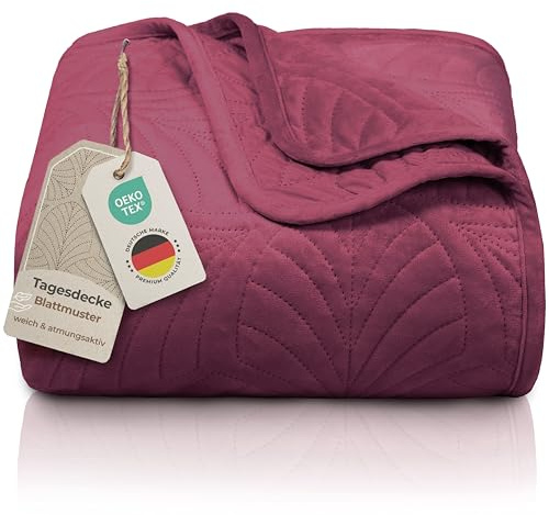 Gräfenstayn Premium Tagesdecke 170x210 cm – Bettüberwurf mit Nahtloser Steppung & Blatt-Design – Samt-Decke – weich, knitterfrei & pflegeleicht – Überwurf für Bett & Sofa (Bordeaux)