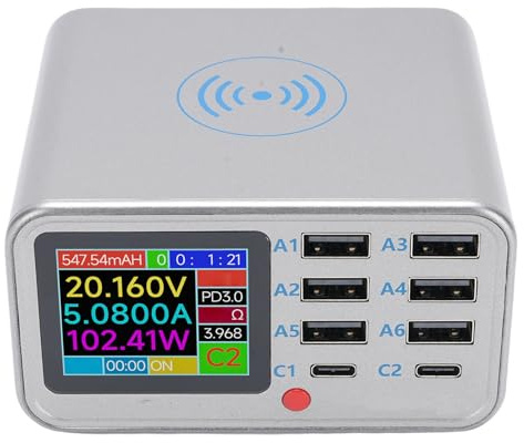 100W 8-Port USB-Ladestation mit kabelloser Ladefunktion & Display, QC3.0 PD Schnellladung für Smartphone Tablet Laptop (EU-Stecker)