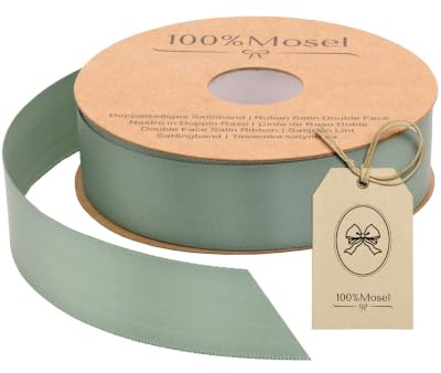 100% Mosel Satinband, in Eukalyptus Grün (25 mm x 25 m) | Matt glänzendes Geschenkband in Salbeigrün, edles Schleifenband zum Dekorieren und Verpacken – für Hochzeit und Gartenparty