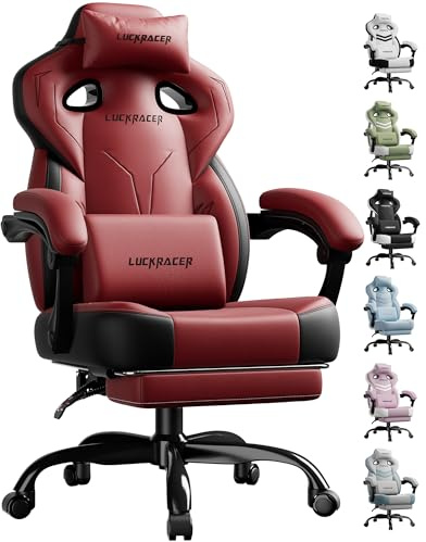 LUCKRACER Gaming Stuhl, Bürostuhl mit verbundenen Armlehnen, Memory-Schaum-Kissen, 90–155° Neigungswinkel und Fußstütze, strapazierfähigem Funktionsgewebe, rot