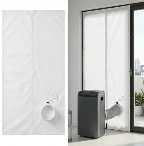Oziral Türabdichtung für Mobile Klimageräte 120x240cm Klimaanlage Türabdichtung mit Zugband-Öffnung 8M Klettband Mobile Klimaanlage Fensterset Balkontürabdichtung Abluftschlauch Dichtung