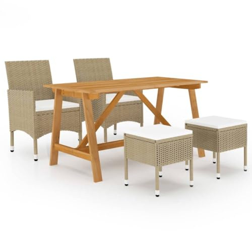 RMIHSJG Salon de jardin 5 pièces beige en bois d'acacia avec groupe de sièges en rotin PE, 4 chaises et 1 table pour terrasse, ensemble de meubles d'extérieur avec coussins rembourrés résistants aux