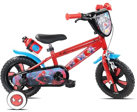 Denver Bike Bicicletta Bambino 12 Pollici Licensed Spiderman, 2-4 Anni, Rotelle Removibili, Freno Anteriore Caliper, Telaio Acciaio, Ruote EVA Antiforatura, Borraccia e Scudo
