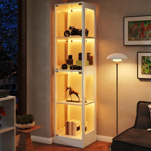 kowdom Glasvitrine mit LED Beleuchtung und Glastüren, Sammlervitrine für Wohnzimmer, Büro, Spielzimmer, 4-stöckig, Weiß, mit Verstellbaren Regalböden, Kompakte Größe (40 x 35 x 170 cm)