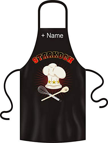 Tini - Shirts Lustige Grillschürze mit ihrem Wunschnamen unisex: Starkoch! schwarze Kochschürze mit Namen !!