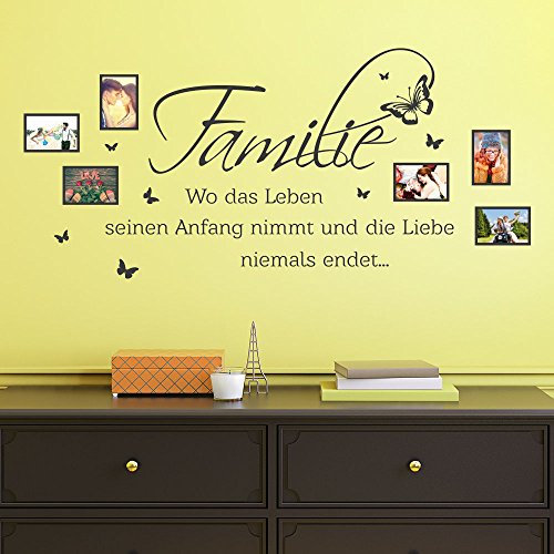 KLEBEHELD® Wandtattoo Familie Fotorahmen Wo das Leben seinen Anfang nimmt und Liebe niemals endet | Größe 90x41cm, Farbe schwarz