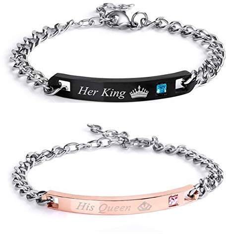 Paar Damen Herren Pärchen Armbänder, Gravur His Queen und Her King ein Paar Partner Ambänder aus Edelstahl Lieben Partner Armbänder Rosegold schwarz