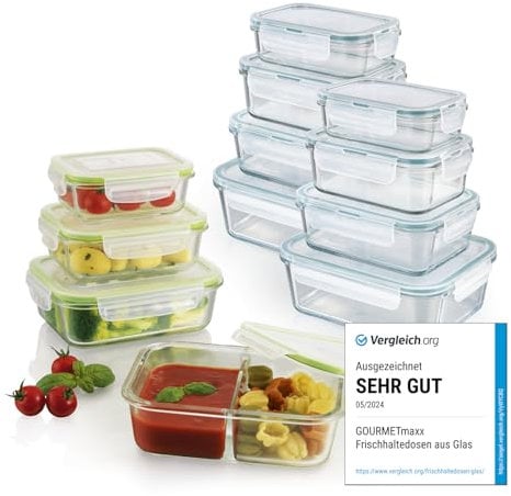 GOURMETmaxx Glas-Frischhaltedosen Klick-it 12er Set | Als Brotdose oder für Meal Prep | Spülmaschinen- Mikrowellen- und Gefrierschrankgeeignet | Aufbewahrungsbox mit Deckel
