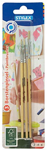 Stylex 35043 Set di 3 pennelli Piatti con setole di Dimensioni, dipingere con tavoli, tempere, acquerelli, Olio e Acrilico, Ideali Anche per la Scuola, Legno, Multicolore, 2, 4 und 6