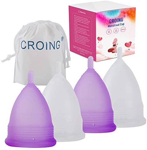 CROING 𝙈𝙚𝙣𝙨𝙩𝙧𝙪𝙖𝙡 𝘾𝙪𝙥 Reusable Menstrual Cups Set of 4, Period Cup, 2 pcs Small and 2 pcs Large (Purple and White)