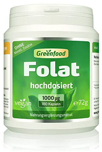 Folat, hochdosiert, 1000µg - 180 Kapseln, vegan. Für gesunde Schwangerschaft, Zellteilung, Blutbildung und Kinderwunsch. OHNE künstliche Zusätze - laborgeprüft. Von Greenfood.