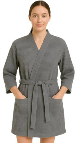 Glamptex Ladies Short 100% Cotton Rich Waffle Robe Bathrobe Dressing Gown Housecoat (Grey, 16-18(X-Large))