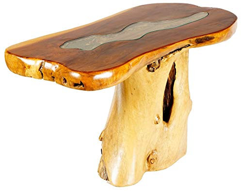 Windalf Rustikaler Couchtisch mit Glasplatte Janna 103 cm Rivertable Hartholz Wohnzimmer-Holztisch Handarbeit aus Wurzelholz