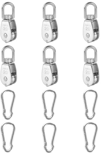 6Pcs 304 Stainless Steel M20 Single Pulley Block, Wire Rope Hanging Wire Towing Wheel, with 6Pcs Spring Snap Hook