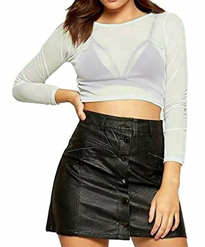 TrendyFashion Womens Crew Neck Sheer Mesh Crop Top Ladies Plain Long Sleeve Stretch Cropped Top 8-14 (Cream UK 8-10)