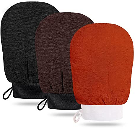 3 Stück Kese Peelinghandschuh, Peeling Handschuh Körper Hamam Peelinghandschuh Exfoliating Gloves für Eingewachsene Haare e Hautschuppen Entfernen (Schwarz/Braun/Orange)