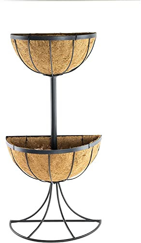 Siam Express Tiered Fountain Coco Liner Raised Metal Steel Freestanding Planter Natural Outdoor Plant Garden Decor Basket Flowers Plants Displays(Archer Two Tier Wall Fountain MT2TWF), Brown/Black