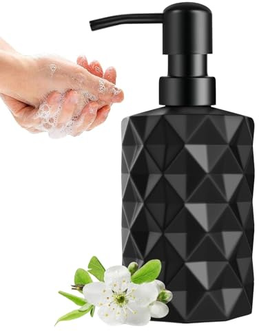 12 Oz Black Glass Soap Dispenser, Matte Kitchen Bathroom Countertop Soap Dispensers with Stainless Steel Pump, Refillable Liquid Hand Dish Soap Dispenser, Lotion Soap Dispenser Bottle