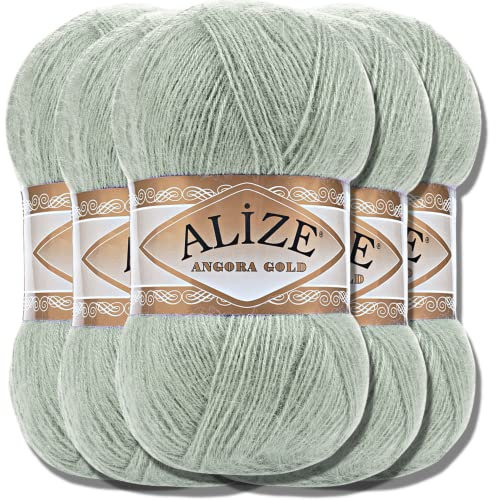 Hobby YARN Alize 5x 100g Angora Gold Türkische Premium Wolle Dünne Mohair aus Schurwolle Babywolle als Strickgarn Handstrickgarn Einfarbig Uni Yarn (Green Almond | 515)