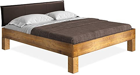 moebel-eins CURBY 4-Fuß-Bett mit Polsterkopfteil, Material Massivholz, rustikale Altholzoptik, Fichte