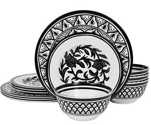 Lechoo Melamine Dinnerware Sets-12pcs Melamine Plates and Bowls Set, Unbreakable, Dishwasher Safe, Indoor Outdoor Use, Ideals for Parties, Camping Dish Set, Black and White Pattern