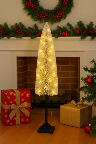 4ft (120cm) Tall LED Light Up Christmas Tree - Battery Operated Frosted Bottle Brush Tree with Warm White Lights - Indoor Holiday Decoration