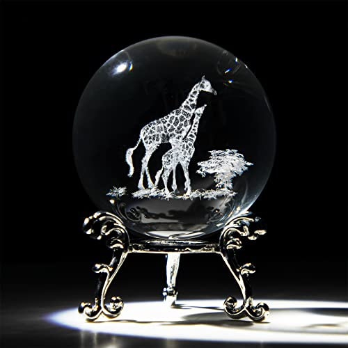 HDCRYSTALGIFTS 60 mm 3D-Lasergravur, Giraffen, Kristallkugel, Briefbeschwerer, Kunst, Glas, Tierfigur, Sammlerstücke, Glas, dekorative volle Kugel mit Ständer, Giraffen-Geschenke