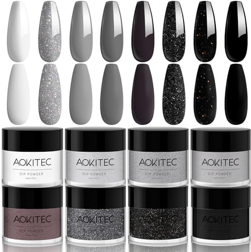 Aokitec 8 Colors Dip Powder Nail Kit - White Black Glitter French Art Pro Collection System for Manicure Starter Salon Home DIY - No Lamp Needed