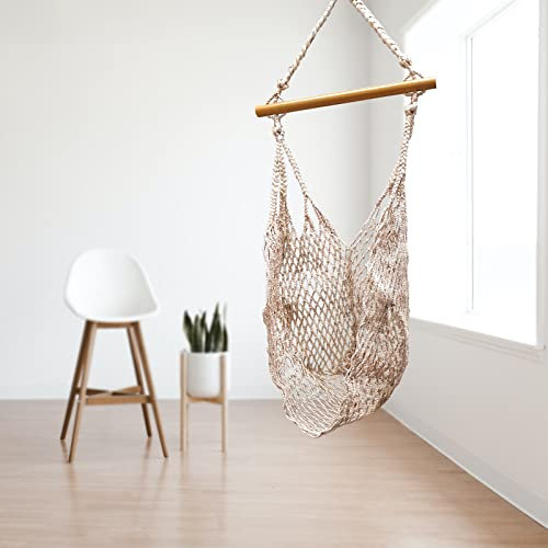 Hängesessel aus Jute – Makramee Netzdesign – 225 x 45 cm – Boho Hängestuhl für Indoor & Outdoor – Naturfarben – Inkl. Holzstab – Handgefertigt & dekorativ