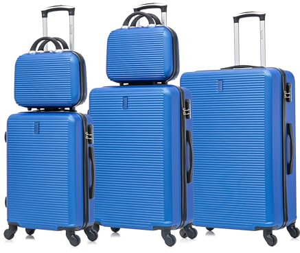CELIMS - Hartschalen-Kofferset 5-teilig | Handgepäck + Mittlerer + Großer + 2X Kosmetiktasche | 55x40x20 + 65 cm + 75 cm | Set aus 3 Koffern + 2 Kosmetiktaschen | Blau