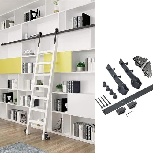 Rolling Library Ladder Hardware Kit - Sliding Library Ladder Rails, Sliding Barn Door Rails, Mobile Ladder Track Kit, For Home/office/loft/bookcase, With Floor Rollers, Black