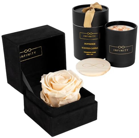 Infinity Flowerbox - Geschenkset Velvet Candle - 1 Infinity Rose mit Duftkerze im Set - 3 Jahre haltbare Rose & Cranberry Rose Duftkerze - Direkt als Geschenk verpackt