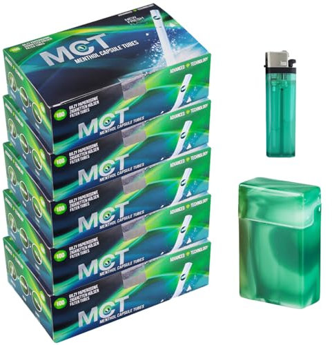 Sepilo 500 Filterhülsen 5X 100er Pack King Click Hülsen Frutta MCT Menthol Capsule Tubes mit Aroma inkl. 20er Zigarettenbox und Feuerzeug