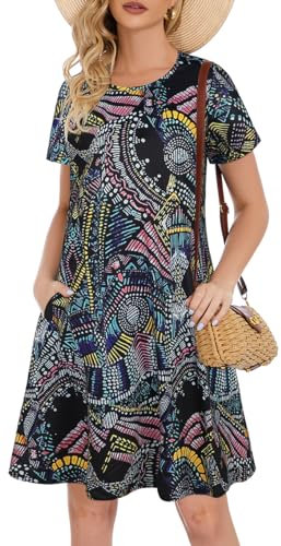 Tunic Dresses for Women Flowy Short Sleeve Floral Bohemian Plus Size Summer Beach Dress(Black Print,S)