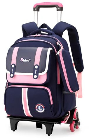 Tanou Trolley Rucksack mit Rollen 2-teilig, Langlebiger Schulranzen Trolley Mädchen mit Stiftetasche, Abnehmbare Schulranzen für Kinder mit Rollen 1.-4. Klasse, 16 Zoll, Blau Rosa